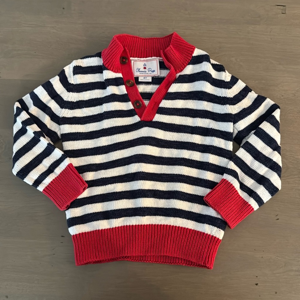 Classic Prep Navy & White Striped Sweater with Red Trim
